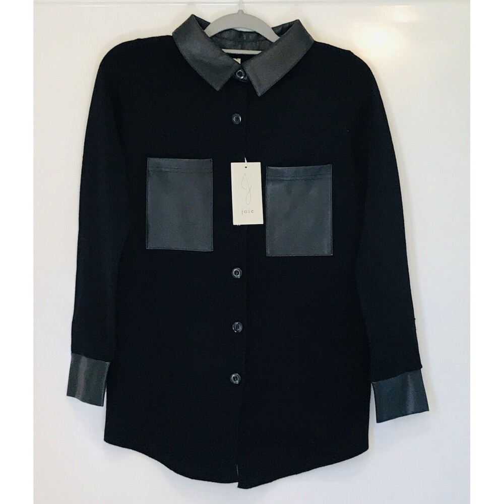 Joie Button-Up Collared Jacket Black Faux Leather Accents Classic Womens Size XS
